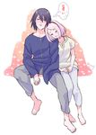  1girl barefoot blush capri_pants closed_eyes couple facial_mark forehead_mark haruno_sakura hetero leaning_on_person naruto naruto_(series) pants pink_hair risuo short_hair smile sweatdrop translated uchiha_sasuke 