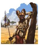  2015 african_wild_dog athletic blue_eyes canine caraid clothed clothing ear_piercing jewelry leaning loincloth looking_at_viewer mammal melee_weapon navel necklace piercing pinup polearm pose skimpy spear utunu weapon 