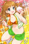  bikini bowl chopsticks heart hino_akane_(idolmaster) idolmaster idolmaster_cinderella_girls long_hair mio_(mgr300) navel open_mouth rice_bowl sandals shorts solo sparkling_eyes swimsuit thick_thighs thighs 