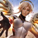  black_gloves blonde_hair blue_eyes bodysuit breastplate breasts dcwj gloves highres large_breasts lipstick long_sleeves looking_at_viewer makeup mercy_(overwatch) overwatch parted_lips ponytail reaching reaching_out skin_tight solo spread_wings turtleneck upper_body wings yellow_wings 
