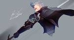  1boy armor artist_name back blue_hair blush brown_eyes cape copyright_name cyrus_(fire_emblem_if) fire_emblem fire_emblem_if gloves grey_background polearm simple_background sly-8 solo spear weapon 