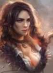  blue_eyes breasts choker cleavage enshanlee feathers lips medium_breasts serious shirt solo the_witcher unbuttoned yennefer 
