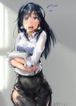  alternate_costume asashio_(kantai_collection) black_hair black_legwear blue_eyes breasts breath kantai_collection long_hair long_sleeves lowres medium_breasts office_lady open_mouth paper shirt skirt solo thighhighs uno_ryoku white_shirt 