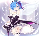  ass blue_eyes blue_hair breasts cleavage detached_sleeves garter_straps hair_ornament hair_over_one_eye large_breasts looking_at_viewer maid panties re:zero_kara_hajimeru_isekai_seikatsu rem_(re:zero) short_hair solo teruru thighhighs underwear white_feathers white_panties wings x_hair_ornament 