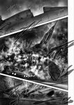  airplane comic explosion firing greyscale imizu_(nitro_unknown) monochrome no_humans open_cockpit silent_comic speed_lines touhou 