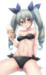  2015 :p anchovy arm_support ass ass_visible_through_thighs bandeau bangs bare_arms bare_shoulders bikini black_bikini breasts cowboy_shot dated drill_hair eyebrows_visible_through_hair food food_on_body food_on_face girls_und_panzer green_hair hair_between_eyes hair_ribbon hattori_masaki holding holding_food ice_cream ice_cream_cone long_hair looking_at_viewer melting navel red_eyes ribbon shiny shiny_skin side-tie_bikini sitting small_breasts soft_serve solo stomach strapless suggestive_fluid swimsuit toned tongue tongue_out twin_drills twintails white_background 