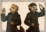  anthro clothed clothing diesel_wiesel duo fangs hyena jewelry male mammal marten mustelid necklace simple_background smile standing teeth 
