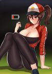  :t baseball_cap battery blush braid breasts brown_eyes brown_hair cellphone empty female_protagonist_(pokemon_go) hat jacket large_breasts leggings phone pokemon pokemon_go pout red_jacket smartphone solo vanquice 