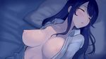  black_hair blush breasts buttons closed_eyes large_breasts long_hair lying nipples no_bra on_back open_clothes original pajamas pillow sleeping solo walzrj 