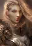  armor blonde_hair blue_eyes braid crusader diablo_3 enshanlee gorget lips long_hair looking_at_viewer parted_lips pauldrons realistic solo wind 