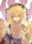  anabone black_dress blonde_hair breasts burn_scar chinese_clothes commentary_request dress fox_tail hair_ornament hat junko_(touhou) long_hair long_sleeves looking_at_viewer multiple_tails protected_link red_eyes ribbon scar small_breasts smile smoke solo tabard tail touhou wide_sleeves 