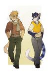  ambiguous_gender anthro cigarette clothed clothing diesel_wiesel duo ear_piercing feline hands_in_pockets male mammal mustelid piercing pipe scarf simple_background smoke standing striped_tail stripes weasel 