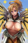 1girl absurdres blonde_hair blue_eyes bodysuit breasts choker covered_nipples ctrlz77 gloves high_ponytail highres large_breasts long_hair looking_at_viewer mechanical_halo mechanical_wings mercy_(overwatch) open_clothes open_shirt overwatch pantyhose parted_lips pasties ponytail shirt smile solo wings yellow_wings 