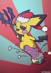  2018 ambiguous_gender christmas digital_media_(artwork) feral fur hat holding_object holidays lechecker mammal melee_weapon nintendo open_mouth pichu pok&eacute;mon pok&eacute;mon_(species) polearm rodent santa_hat simple_background smile solo tongue trident video_games weapon yellow_fur 