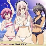  3girls aino_heart aqua_eyes bikini blush breasts brown_eyes brown_hair cleavage curvy female high_ponytail homura_(senran_kagura) large_breasts legs long_hair looking_at_viewer multiple_girls navel pink_hair ponytail red_eyes senran_kagura senran_kagura_(series) smile standing super_sonico swimsuit 