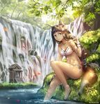  anbe_yoshirou animal_ears arm_at_side bandeau bangs bare_arms bare_legs bare_shoulders barefoot bikini blue_eyes blunt_bangs breasts brown_eyes brown_hair building dappled_sunlight flower fox_ears fox_shadow_puppet fox_tail full_body hair_flower hair_ornament hair_ribbon highres jewelry long_hair low-tied_long_hair medium_breasts moss necklace official_art plant rainbow red_ribbon ribbon river shinma_x_keishou!_ragnabreak shore shrine soaking_feet solo strapless sunlight swimsuit tail tassel tree very_long_hair water waterfall white_bikini white_flower wrist_cuffs 