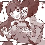  bangs blush bodysuit breast_grab breast_squeeze breasts brown_hair closed_eyes covered_nipples d.va_(overwatch) facial_mark glasses grabbing grabbing_from_behind groping hair_bun hair_ornament hair_stick headphones large_breasts long_hair looking_at_another mei_(overwatch) monochrome multiple_girls niseoto open_mouth overwatch surprised swept_bangs whisker_markings 