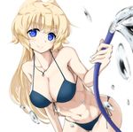  abs bangs bare_arms bare_shoulders bikini blonde_hair blue_bikini blue_eyes blurry blush breasts collarbone cowboy_shot depth_of_field hair_intakes hose jewelry large_breasts leaning_forward long_hair looking_at_viewer md5_mismatch navel necklace regalia_the_three_sacred_stars rocha_(aloha_ro_cha) simple_background smile solo swimsuit tareme water white_background yuinshiel_asteria 