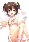  ;d akagi_miria barefoot bikini_top blush breasts brown_eyes brown_hair fur-trimmed_bikini fur-trimmed_shorts heart highres idolmaster idolmaster_cinderella_girls looking_at_viewer navel ntk_(7t5) one_eye_closed open_hand open_mouth pom_pom_(clothes) short_hair shorts simple_background sitting small_breasts smile solo toes twintails white_background 