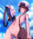  bag bangs beret between_breasts bikini bikini_lift bikini_top blue_sky blunt_bangs bottomless breasts breasts_outside cannon closed_mouth cloud cowboy_shot day expressionless eyebrows eyebrows_visible_through_hair fat_mons hat holding holding_weapon kantai_collection looking_at_viewer looking_down machinery nipples nude orange_hair over_shoulder purple_eyes pussy redcomet sailor_bikini sailor_collar sailor_hat short_hair sky small_breasts solo strap_cleavage swimsuit turret weapon white_bikini white_bikini_top white_hat z3_max_schultz_(kantai_collection) 