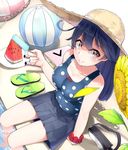  ahoge arm_at_side bad_id bad_pixiv_id ball bare_legs bare_shoulders beachball black_skirt blue_hair blue_swimsuit blush bow breasts brown_hat cannon casual_one-piece_swimsuit closed_mouth collarbone dripping flower food fruit goggles goggles_removed hat holding holding_food innertube kantai_collection long_hair looking_at_viewer looking_up machinery medium_breasts melting one-piece_swimsuit petals pleated_skirt polka_dot polka_dot_swimsuit pool popsicle purple_eyes red_bow sandals sandals_removed scrunchie sitting skirt soaking_feet solo strawberry sun_hat sunflower suzuharu_toufu swimsuit turret ushio_(kantai_collection) very_long_hair watermelon watermelon_seeds wrist_scrunchie 