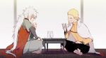  alcohol bandaged_arm bandages blonde_hair choko_(cup) closed_eyes cup facial_mark grin japanese_clothes jiraiya multiple_boys naruto naruto_(series) nipye sake short_hair silver_hair smile time_paradox tokkuri uzumaki_naruto 