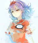  blue_background blue_hair breasts earrings gradient_hair hair_ornament hairband jewelry layered_clothing leaf_hair_ornament long_sleeves looking_to_the_side medium_breasts mirror multicolored_hair orange_eyes purple_hair red_shirt rope shirt short_hair short_over_long_sleeves short_sleeves smile solo touhou upper_body wataichi_meko white_shirt yasaka_kanako 