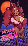  2016 animal_humanoid belt big_hands breasts buckteeth cleavage clothed clothing dark_skin english_text female fur hair headband hi_res hindpaw humanoid lagomorph leg_warmers legwear lips long_hair looking_at_viewer makeup mammal moon night orange_eyes paws rabbit_humanoid red_fur red_hair redrabbu sky smile solo standing star teeth text 