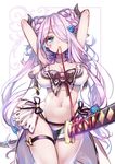  arms_up between_thighs bikini blue_eyes blush braid breasts cleavage draph granblue_fantasy hair_ornament hair_over_one_eye heart heart-shaped_pupils hong_(white_spider) horns katana large_breasts lavender_hair long_hair looking_at_viewer mouth_hold narmaya_(granblue_fantasy) navel pointy_ears simple_background smile solo swimsuit sword symbol-shaped_pupils weapon white_bikini 