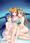  barefoot bikini blue_eyes blue_hair bow breasts brown_eyes brown_hair cleavage falling_star girl_sandwich green_bikini hair_bow highres kousaka_honoka long_hair love_live! love_live!_school_idol_project medium_breasts minami_kotori multiple_girls one_side_up orange_hair sandwiched short_hair sonoda_umi striped striped_bikini swimsuit tucana 