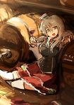  alcohol artist_name barrel breasts brown_eyes brown_hair cup dated drinking_glass hat kantai_collection lansane long_hair medium_breasts mini_hat open_mouth pola_(kantai_collection) red_skirt sitting_on_floor skirt smile solo thighhighs wavy_hair white_legwear wine wine_glass 
