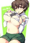  bra breasts brown_eyes brown_hair covered_nipples girls_und_panzer green_skirt koyama_yuzu large_breasts looking_at_viewer navel ooarai_school_uniform open_mouth pleated_skirt school_uniform serafuku shinshin shirt_lift short_hair skirt solo underwear white_bra 