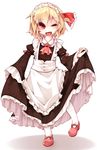  alternate_costume apron black_skirt blonde_hair blush curtsey enmaided eyebrows eyebrows_visible_through_hair full_body hair_ribbon highres juliet_sleeves lifted_by_self long_skirt long_sleeves looking_at_viewer maid maid_headdress mary_janes one_eye_closed open_mouth puffy_sleeves red_eyes red_footwear red_ribbon ribbon rumia shamo_(koumakantv) shoes simple_background skirt skirt_hold smile solo standing standing_on_one_leg touhou white_background white_legwear wide_sleeves 