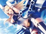  american_flag_legwear arms_up belt blonde_hair blue_eyes breasts cleavage elbow_gloves fingerless_gloves garter_straps gloves hat iowa_(kantai_collection) kantai_collection kyouya_(mukuro238) large_breasts long_hair looking_at_viewer machinery miniskirt navel open_mouth skirt solo star star-shaped_pupils striped striped_legwear symbol-shaped_pupils thighhighs turret vertical-striped_legwear vertical_stripes zettai_ryouiki 