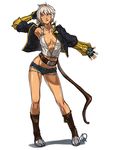  belt blazblue blazblue:_chronophantasma breasts bullet_(blazblue) center_opening cleavage full_body ganassa gauntlets grey_hair hand_on_own_head medium_breasts midriff navel scar short_hair short_shorts shorts solo 