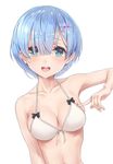  :d aimee_(emi) bikini bikini_top black_bow blue_eyes blue_hair bow breasts cleavage deep_skin eyelashes front-tie_bikini front-tie_top hair_ornament hair_over_one_eye hairclip halterneck looking_at_viewer medium_breasts open_mouth poking poking_self re:zero_kara_hajimeru_isekai_seikatsu rem_(re:zero) shiny shiny_skin short_hair smile solo swimsuit upper_body white_background white_bikini white_bikini_top x_hair_ornament 