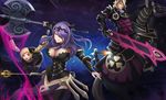  2girls armor attack axe battle_axe black_armor black_footwear black_panties blonde_hair blue_background boots breasts brother_and_sister brothers camilla_(fire_emblem_if) capelet cleavage corset dark_background earrings elise_(fire_emblem_if) energy family fire fire_emblem fire_emblem_if gauntlets hair_ribbon highres holding holding_weapon horse horseback_riding jewelry large_breasts leon_(fire_emblem_if) licking_lips lips long_hair looking_at_viewer marks_(fire_emblem_if) multiple_boys multiple_girls naxu panties purple_eyes purple_hair ribbon riding serious short_hair siblings siegfried_(sword) sisters staff sword thigh_boots thighhighs tiara tongue tongue_out twintails underwear vambraces very_long_hair wavy_hair weapon 
