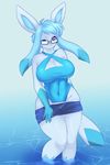  2016 anthro big_breasts blue_hair blue_nose blue_skin breasts cleavage clothed clothing eeveelution eyewear female glaceon glasses hair hi_res looking_at_viewer navel nintendo one_eye_closed pastelletta pink_eyes pok&eacute;mon pok&eacute;morph short_hair shorts smile solo swimsuit thick_thighs video_games white_skin wide_hips wink 