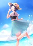  absurdres bad_id bad_pixiv_id bangs barefoot black_hair blush closed_eyes dress hat hayami_kanade highres idolmaster idolmaster_cinderella_girls ilo ocean parted_bangs short_hair smile solo splashing water 