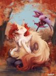  2017 autumn bat braixen day digital_media_(artwork) duo feral flower forest grass hair hi_res kneeling mammal membranous_wings nintendo noibat outside plant pok&eacute;mon pok&eacute;mon_(species) pumpkaboo ravoilie red_hair sky smile tree video_games wings 