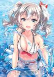  bikini blue_eyes breasts hose kantai_collection kashima_(kantai_collection) keepout long_hair medium_breasts navel open_mouth silver_hair smile solo swimsuit twintails water wavy_hair 