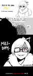  1girl 2boys 3koma comic cowering empty_eyes english evil_smile gameplay_mechanics glasses hair_bun hand_holding health_bar highres hood junkrat_(overwatch) mask mei_(overwatch) monochrome multiple_boys open_mouth overwatch play_of_the_game pun reaper_(overwatch) red_eyes shaded_face smile spot_color supershrimpcakes trembling twitter_username upper_body winter_clothes 