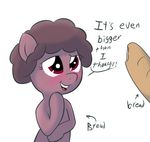  2016 ambiguous_gender blush bread bread-pone dialogue earth_pony english_text equine fan_character feral food fur hair horse mammal my_little_pony open_mouth pony purple_eyes purple_fur purple_hair simple_background standing suggestive teeth text tongue wenni white_background 