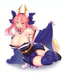  animal_ears arm_support bare_shoulders blue_bow blue_legwear blush bow breasts cameltoe cleavage detached_sleeves eyebrows eyebrows_visible_through_hair fang fate/extra fate_(series) fox_ears full_body groin hair_between_eyes hair_bow highres kagami_uekusa large_breasts long_hair obi pink_hair ponytail sandals sash simple_background sitting solo tail tamamo_(fate)_(all) tamamo_no_mae_(fate) thighhighs white_background wide_sleeves yellow_eyes 