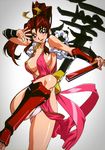  blush breasts brown_eyes brown_hair closed_fan covered_nipples fan fatal_fury folding_fan high_ponytail highres large_breasts leg_lift long_hair official_art oobari_masami panties shiranui_mai solo the_king_of_fighters underwear 
