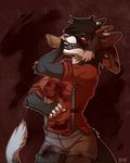  anthro axe blood canine clothed clothing diesel_wiesel fangs female horn looking_at_viewer mammal melee_weapon open_mouth saliva simple_background solo teeth tongue weapon 