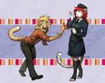  anthro clothed clothing diesel_wiesel duo eyes_closed eyewear feline female glasses hat male mammal marten mustelid simple-background smile standing striped_tail stripes teeth tiger 