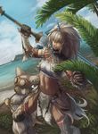  animal_ears armor belt blue_eyes cat cat_ears day elbow_gloves felyne gloves greatsword hairband highres hilld holding holding_sword holding_weapon horn huge_weapon island kirin_(armor) long_hair mafumofu_(armor) midriff monster_hunter navel ocean outdoors over_shoulder plant red_eyes strapless sword tan tubetop water weapon weapon_over_shoulder white_hair 