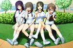  adjusting_eyewear bangs bench black_legwear blunt_bangs braid brown_eyes brown_hair bush chestnut_mouth clipboard closed_eyes covering covering_crotch crossed_legs crying d: day dokidoki_yandemic glasses grass gym_uniform hair_ornament long_hair multiple_girls open_mouth outdoors pen pointing pointing_down purple_eyes purple_hair shirt_pull shoes shoes_removed single_shoe sitting sneakers socks swept_bangs tears twintails white_legwear x_hair_ornament yawning zenzai_(zenzaio72) 