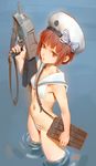  bangs bare_shoulders beret bikini brown_eyes clothes_writing cowboy_shot flat_chest gun hat highres holding kantai_collection lowleg lowleg_bikini machinery midriff navel ripples sailor_bikini sailor_collar sailor_hat short_hair sleeveless solo standing swimsuit tim_loechner wading water weapon white_bikini white_hat z3_max_schultz_(kantai_collection) 